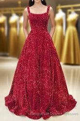 Red Sequin Square Neck Backless A-Line Long Semi Formal Prom Gown